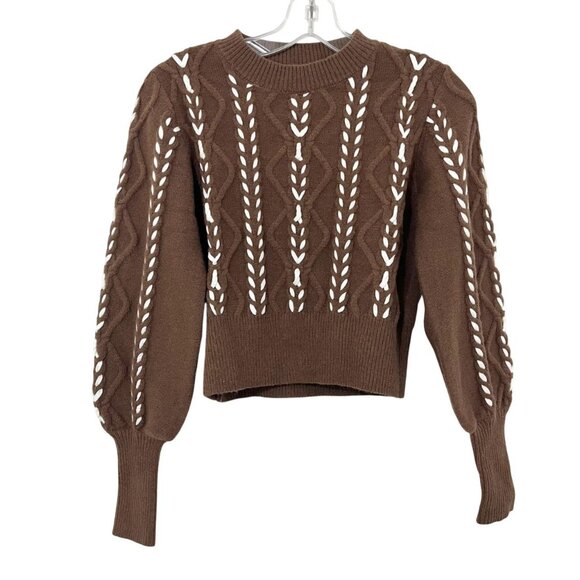 Commense Brown White Cable Knit Crewneck Pullover Sweater Balloon Sleeve MEDIUM - Picture 1 of 6